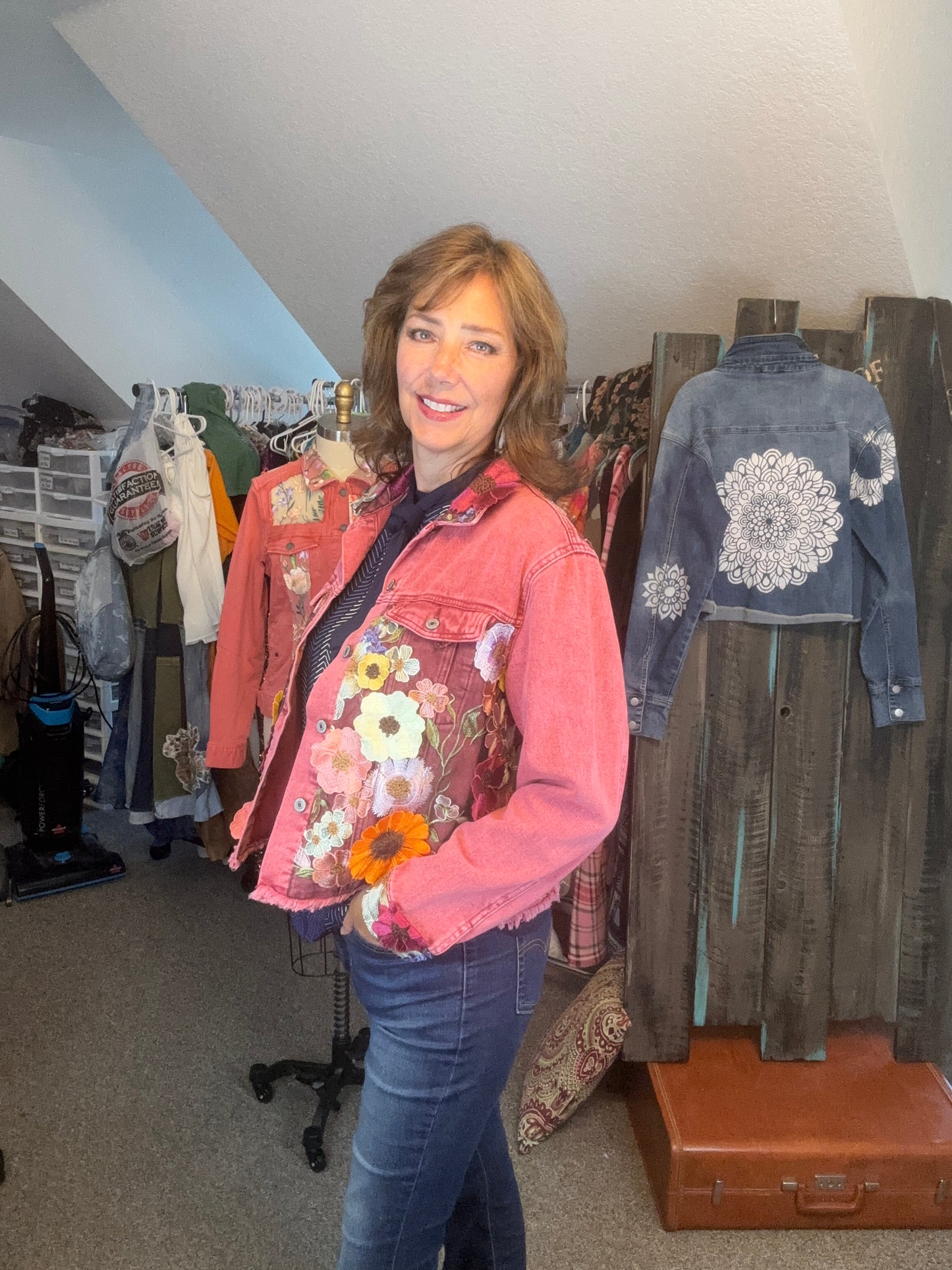 Up-Cycled Red Denim Jacket, 3D Floral Applique, Size Large- X-Large, 44" Chest