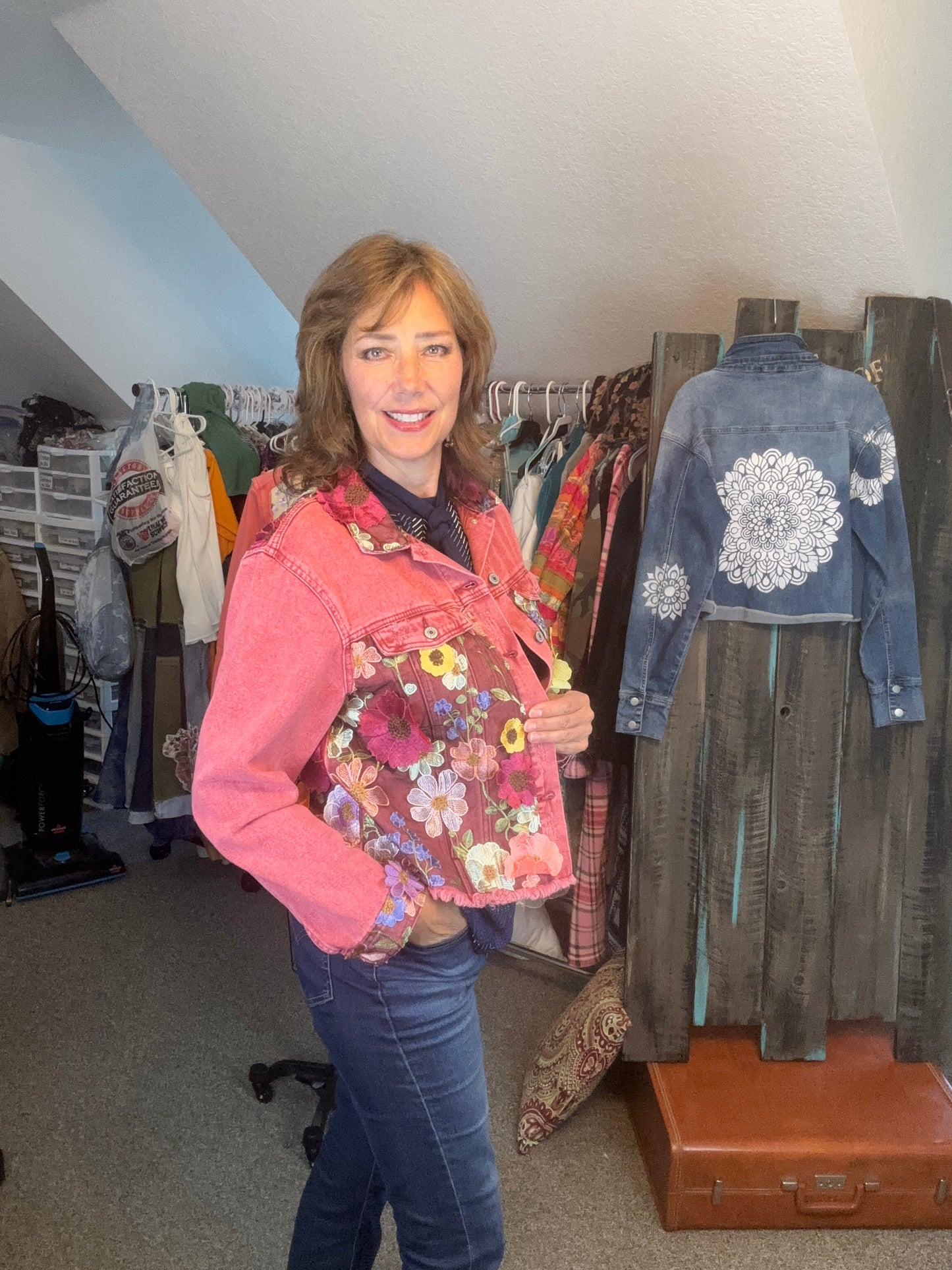 Up-Cycled Red Denim Jacket, 3D Floral Applique, Size Large- X-Large, 44" Chest