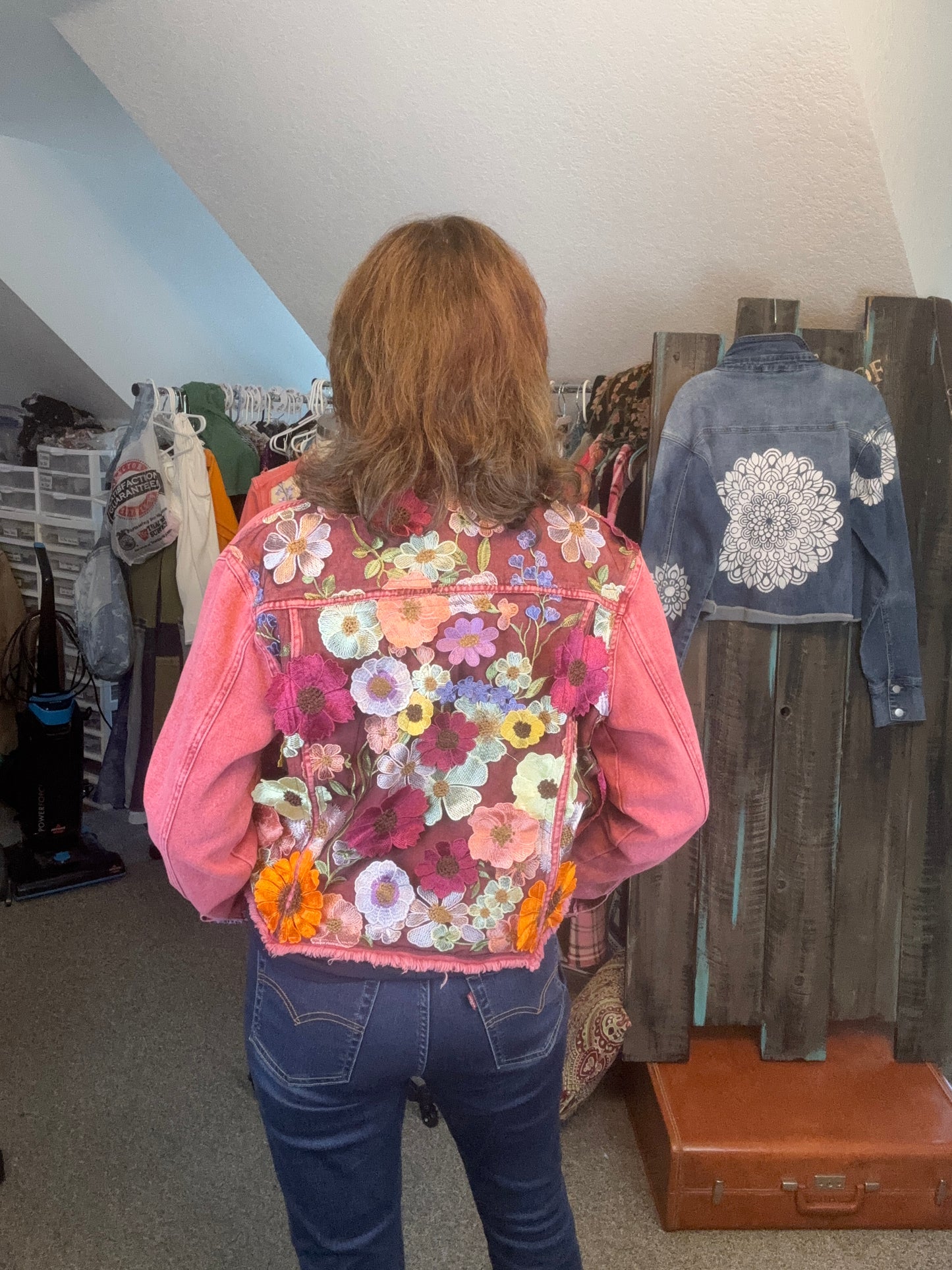 Up-Cycled Red Denim Jacket, 3D Floral Applique, Size Large- X-Large, 44" Chest