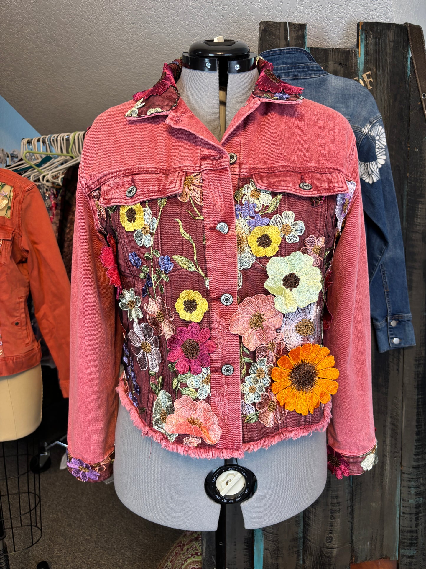 Up-Cycled Red Denim Jacket, 3D Floral Applique, Size Large- X-Large, 44" Chest