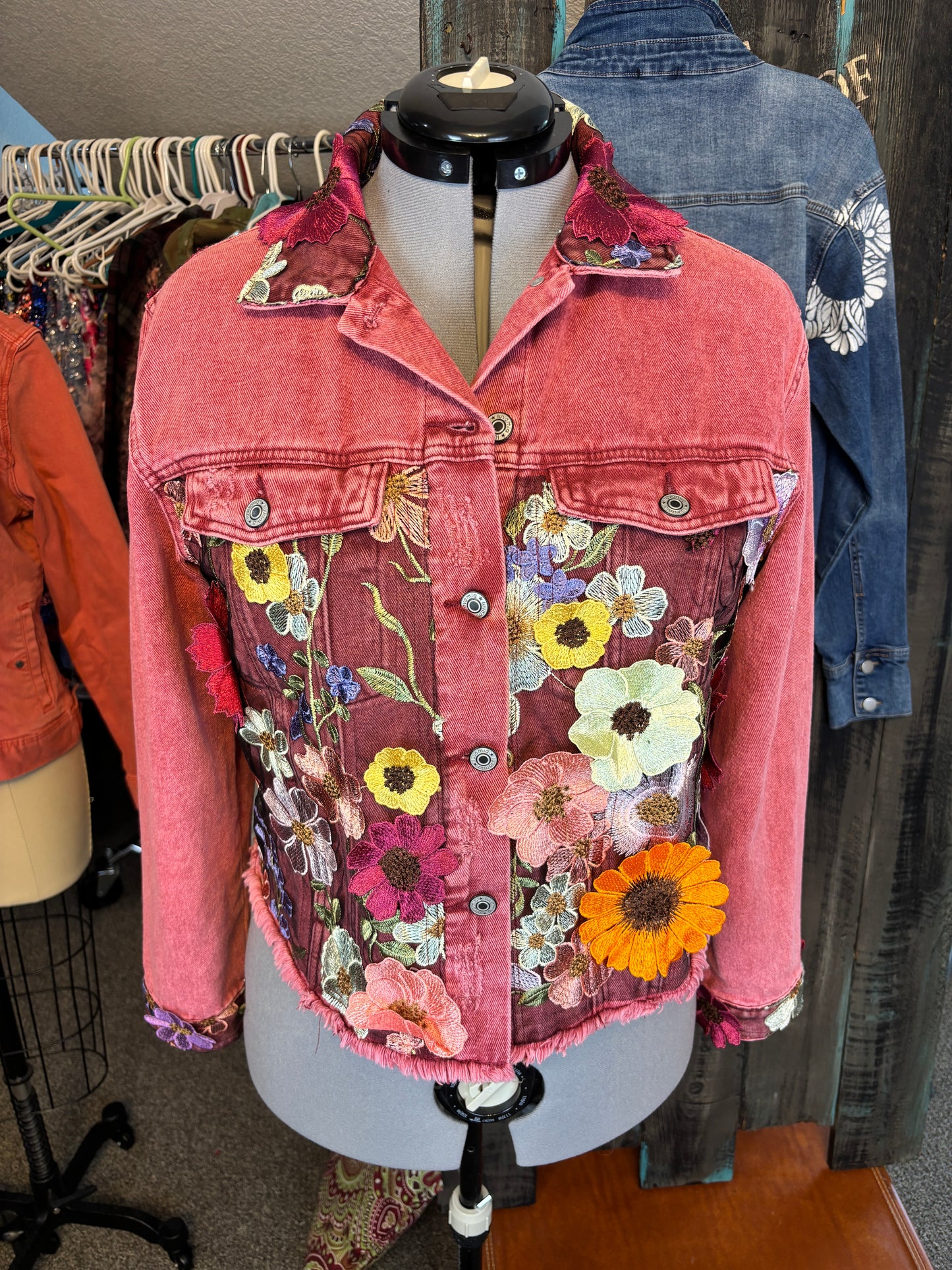 Up-Cycled Red Denim Jacket, 3D Floral Applique, Size Large- X-Large, 44" Chest