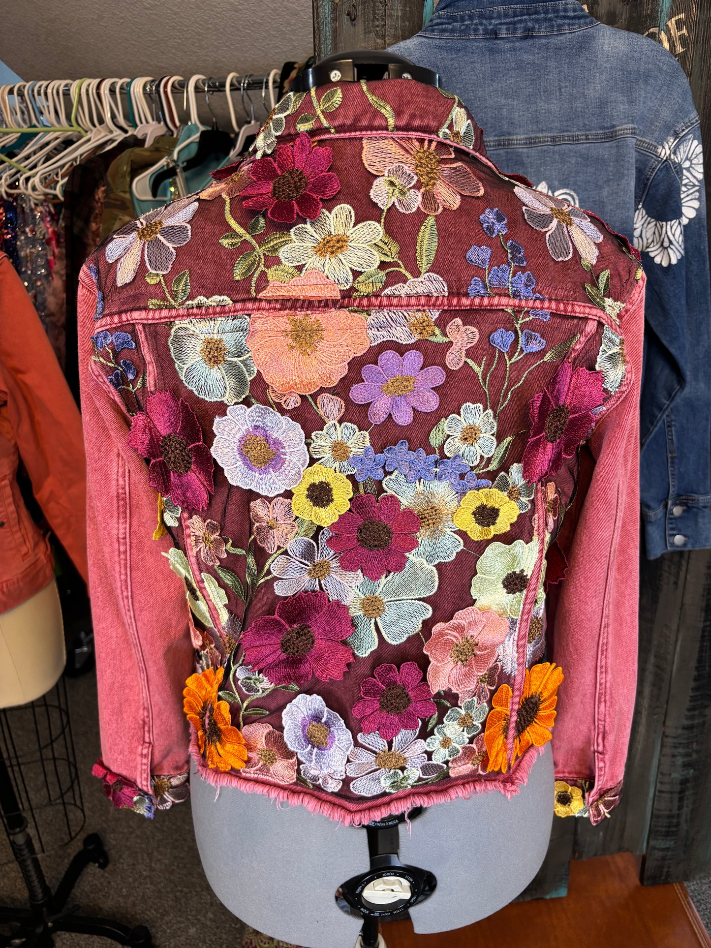 Up-Cycled Red Denim Jacket, 3D Floral Applique, Size Large- X-Large, 44" Chest
