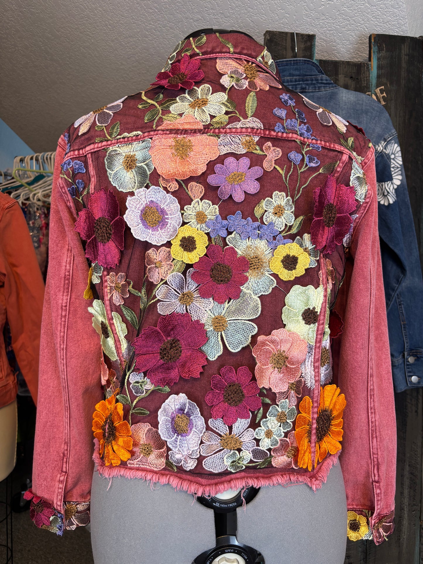 Up-Cycled Red Denim Jacket, 3D Floral Applique, Size Large- X-Large, 44" Chest