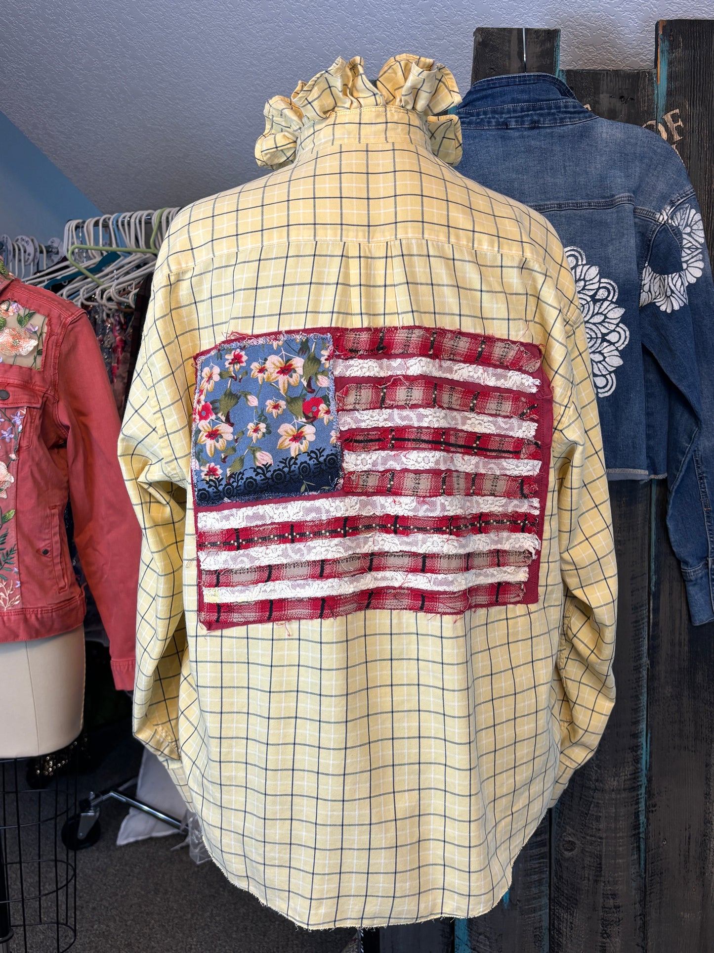 Patriotic, 4th of July, 250th Anniversary, USA Flag, up-cycled Men's shirt with Ruffles, Size 4X