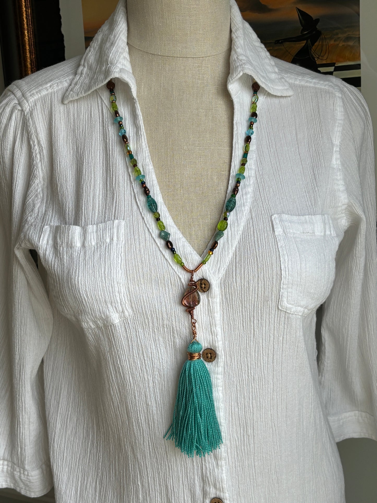 Long Tassel Necklace, Glass Beads with Hand Turned Copper