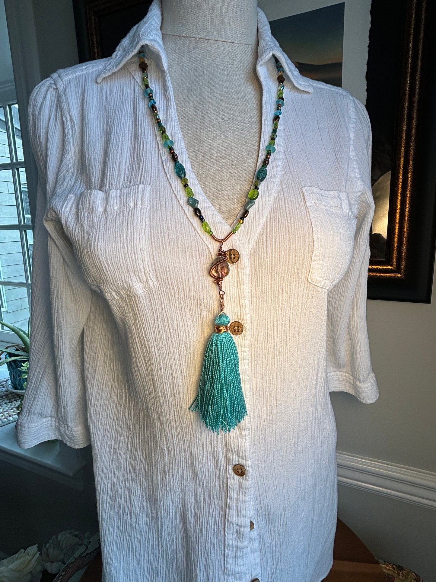 Long Tassel Necklace, Glass Beads with Hand Turned Copper