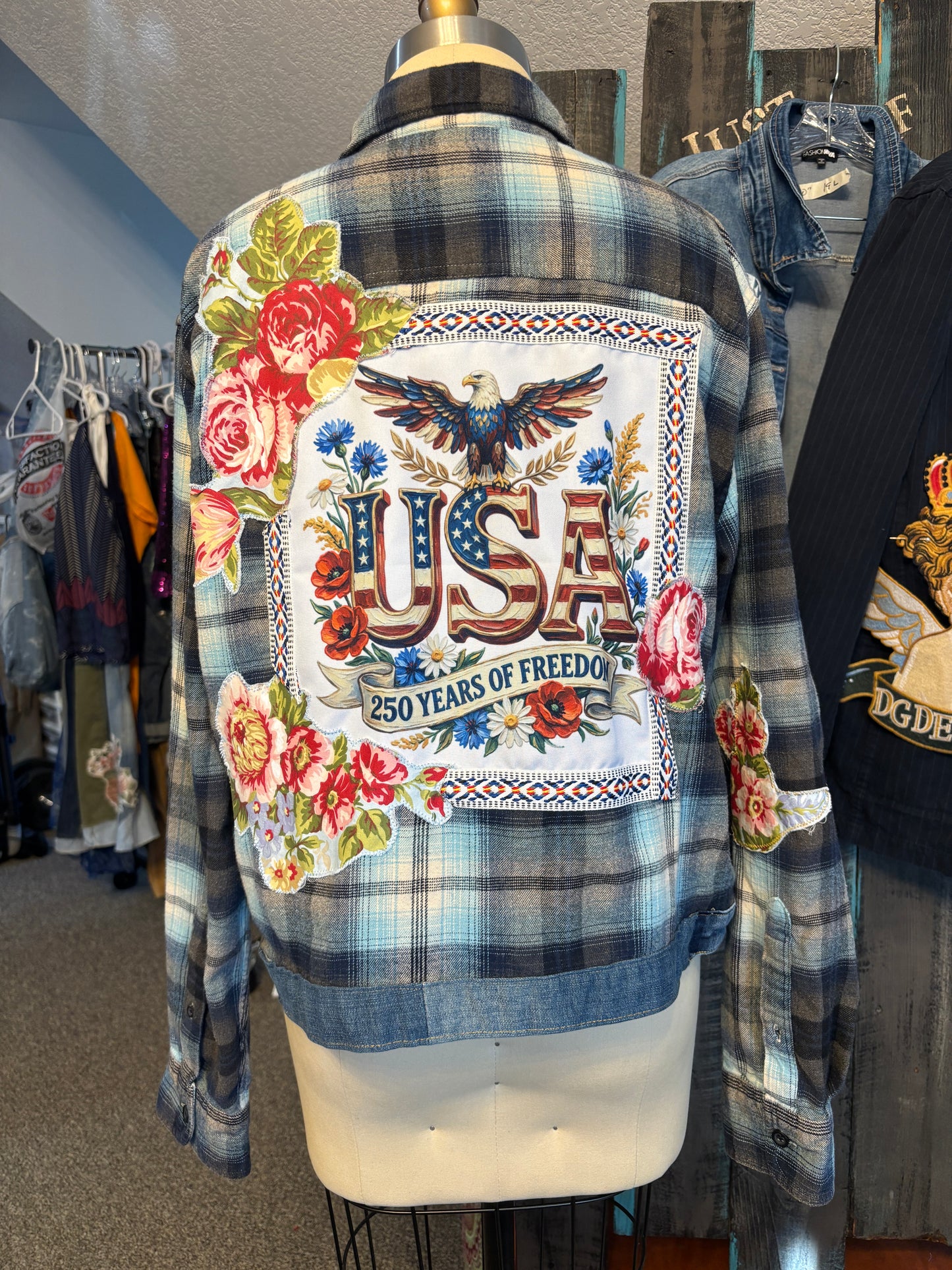 I LOVE AMERICA! 250th Anniversary of the USA Flannel Shirt, Derby Style, Size 44 Bust