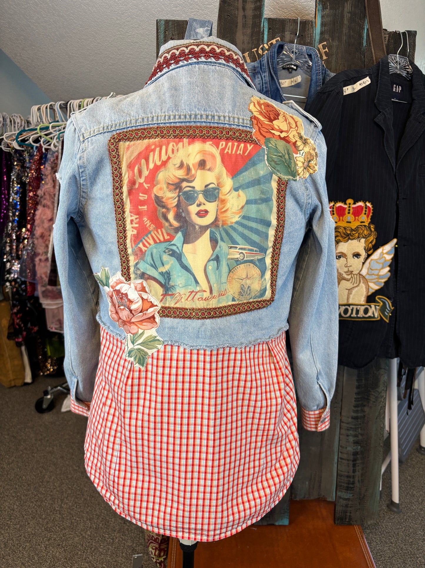 Up-Cycled Denim Jean Jacket, Retro, Vintage, Medium, 42" Bust