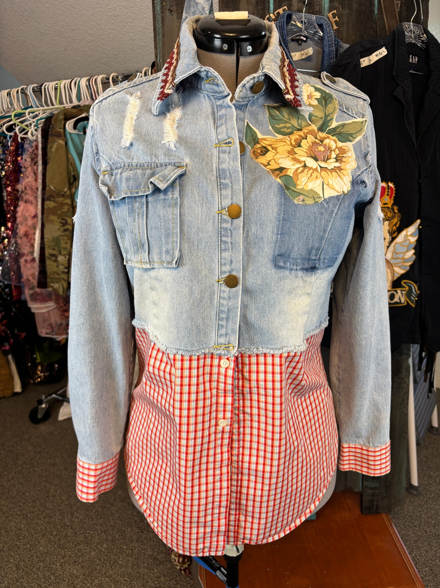 Up-Cycled Denim Jean Jacket, Retro, Vintage, Medium, 42" Bust