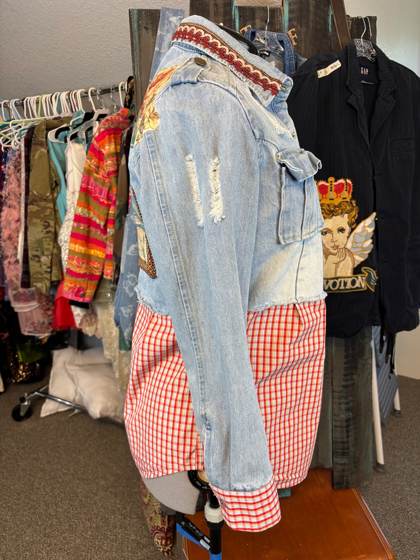Up-Cycled Denim Jean Jacket, Retro, Vintage, Medium, 42" Bust