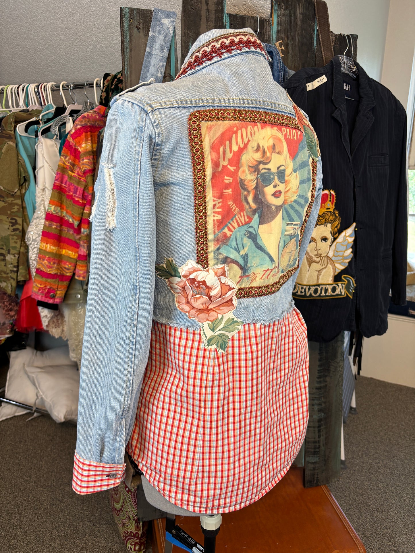 Up-Cycled Denim Jean Jacket, Retro, Vintage, Medium, 42" Bust