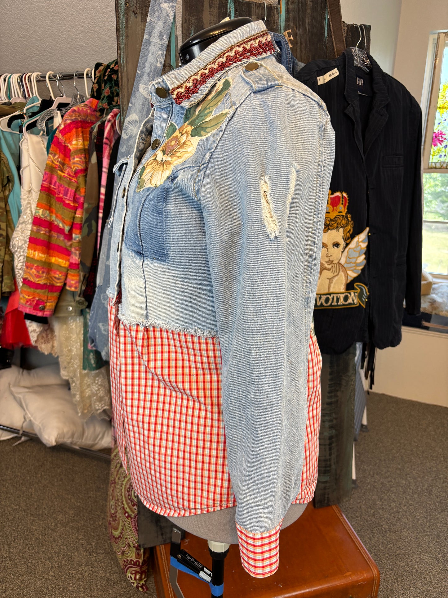Up-Cycled Denim Jean Jacket, Retro, Vintage, Medium, 42" Bust