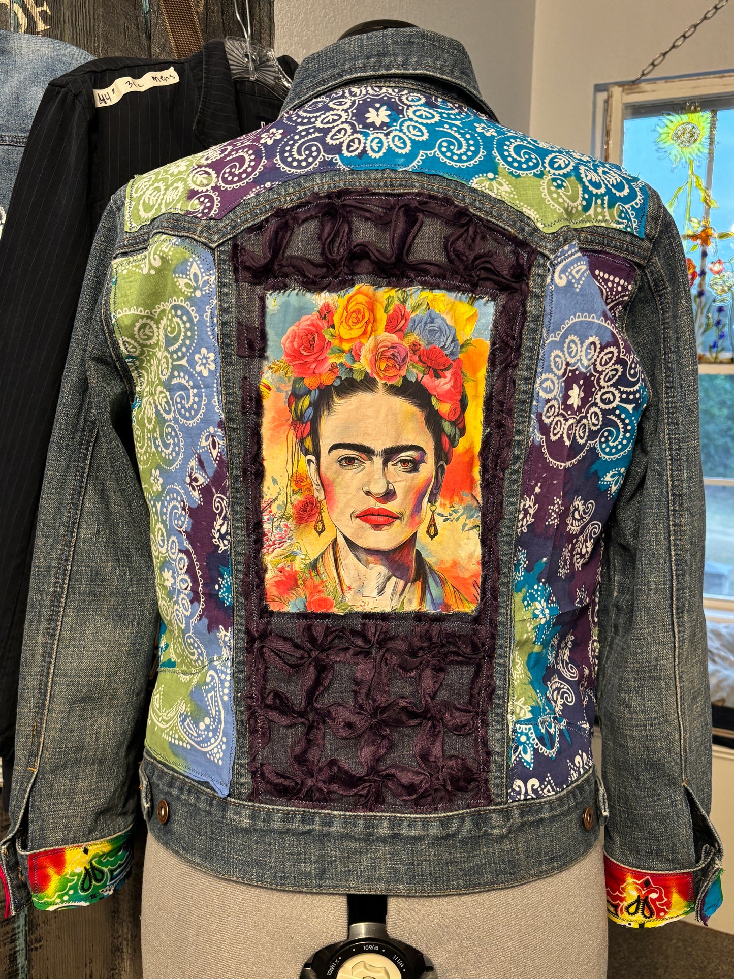 Up-Cycled Denim Jacket, Frida, Tie-Dye Hippie Fashion, Size 43" Bust, Large/XL