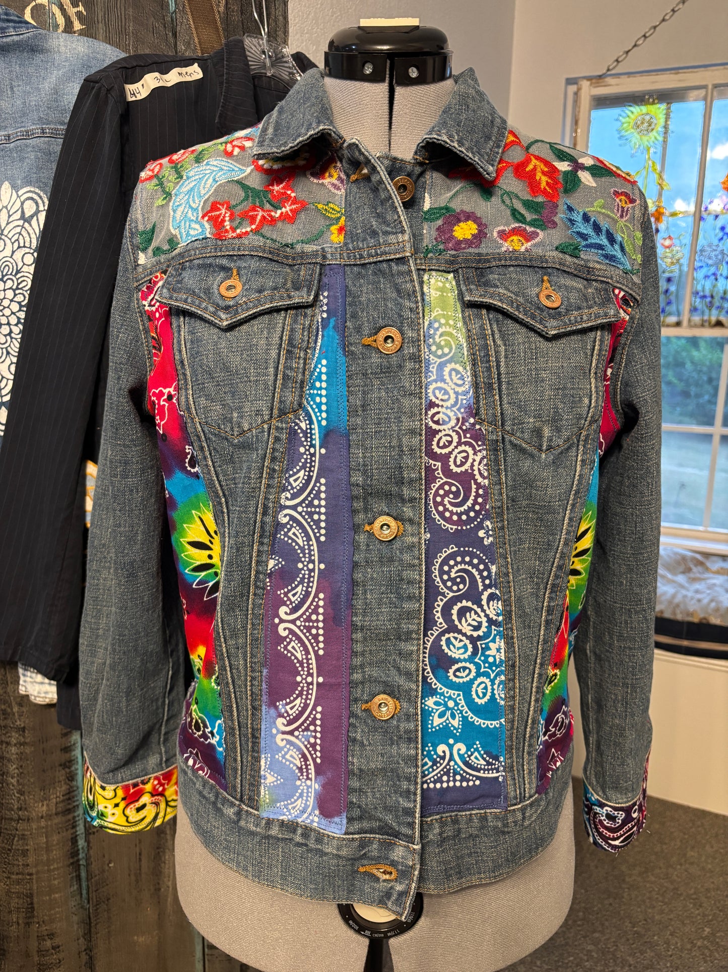 Up-Cycled Denim Jacket, Frida, Tie-Dye Hippie Fashion, Size 43" Bust, Large/XL