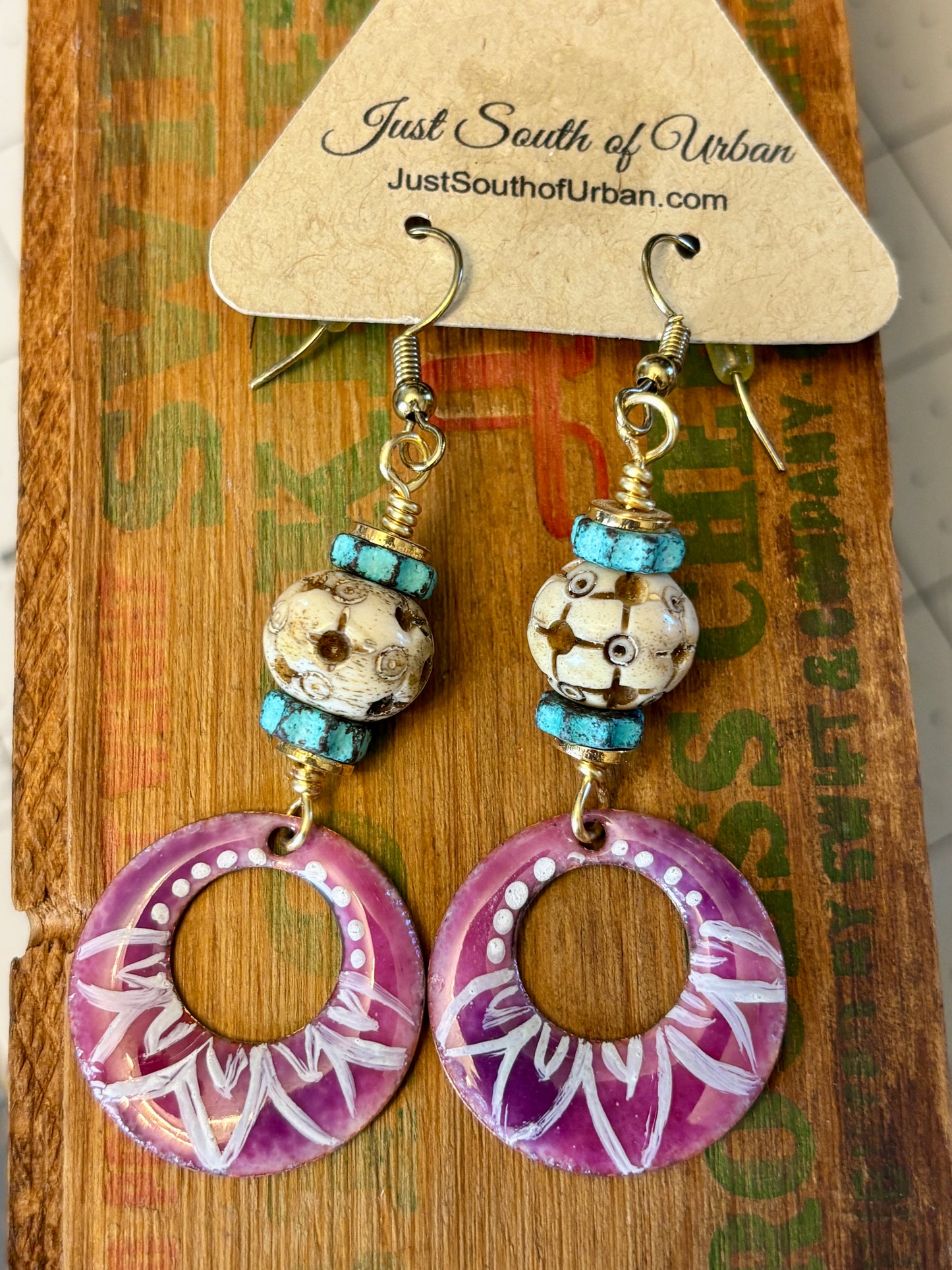 Handmade Glass Fired Enameled Earrings with Carved (Yak)Bone, Turquoise Czech Gears and Gold Tone Accents