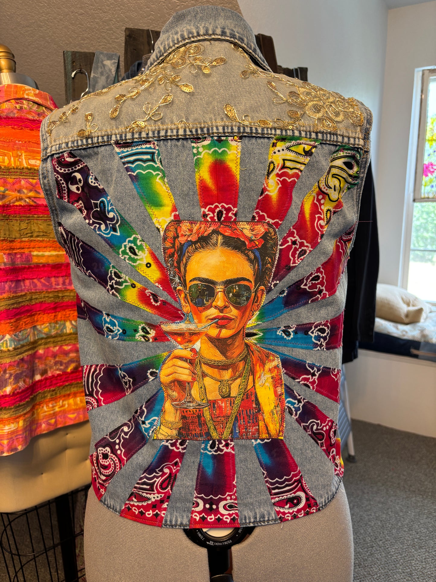 Hippie Dippy Frida Up-Cycled Denim Vest, Bust Size 40", (Large/XL)