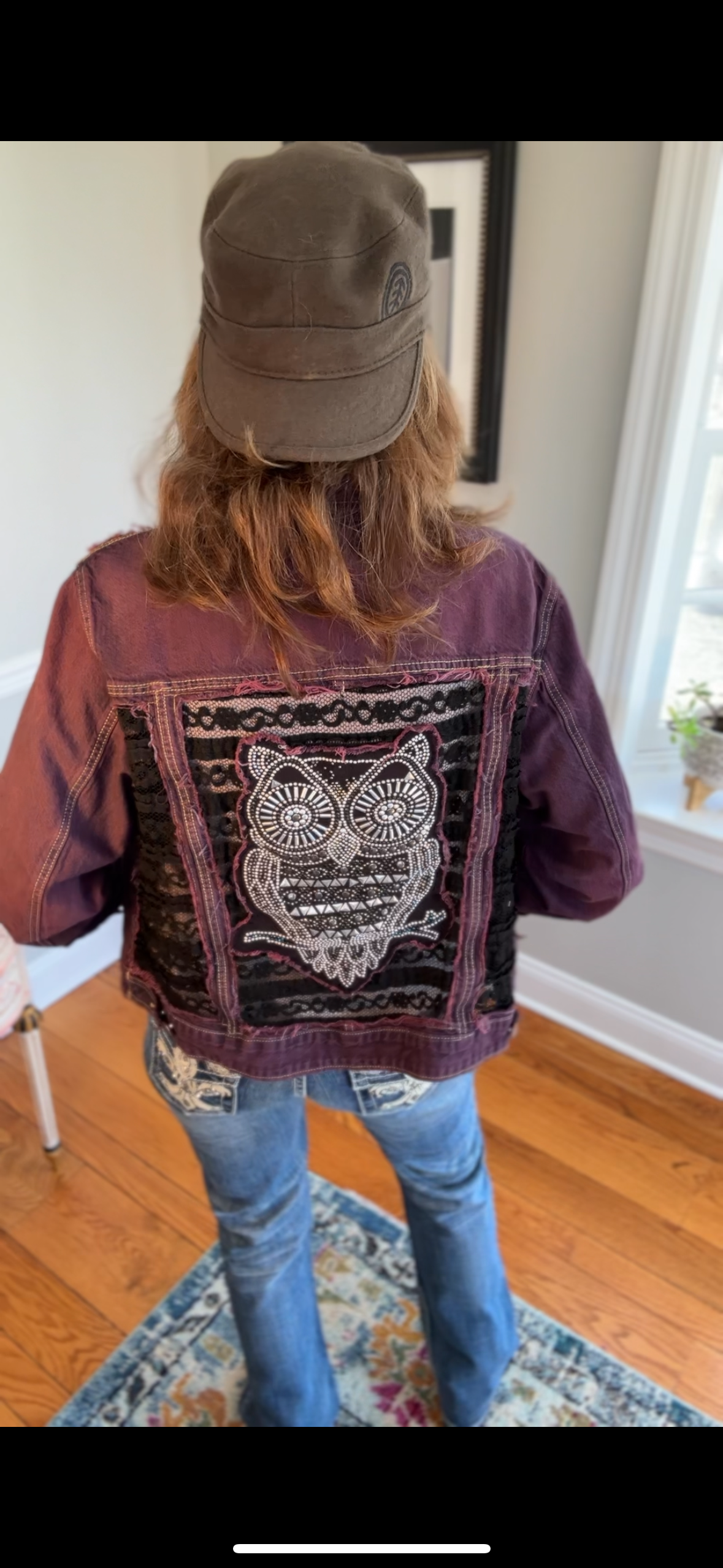 Up-cycled Owl Applique on Dyed Denim Jacket, Purple