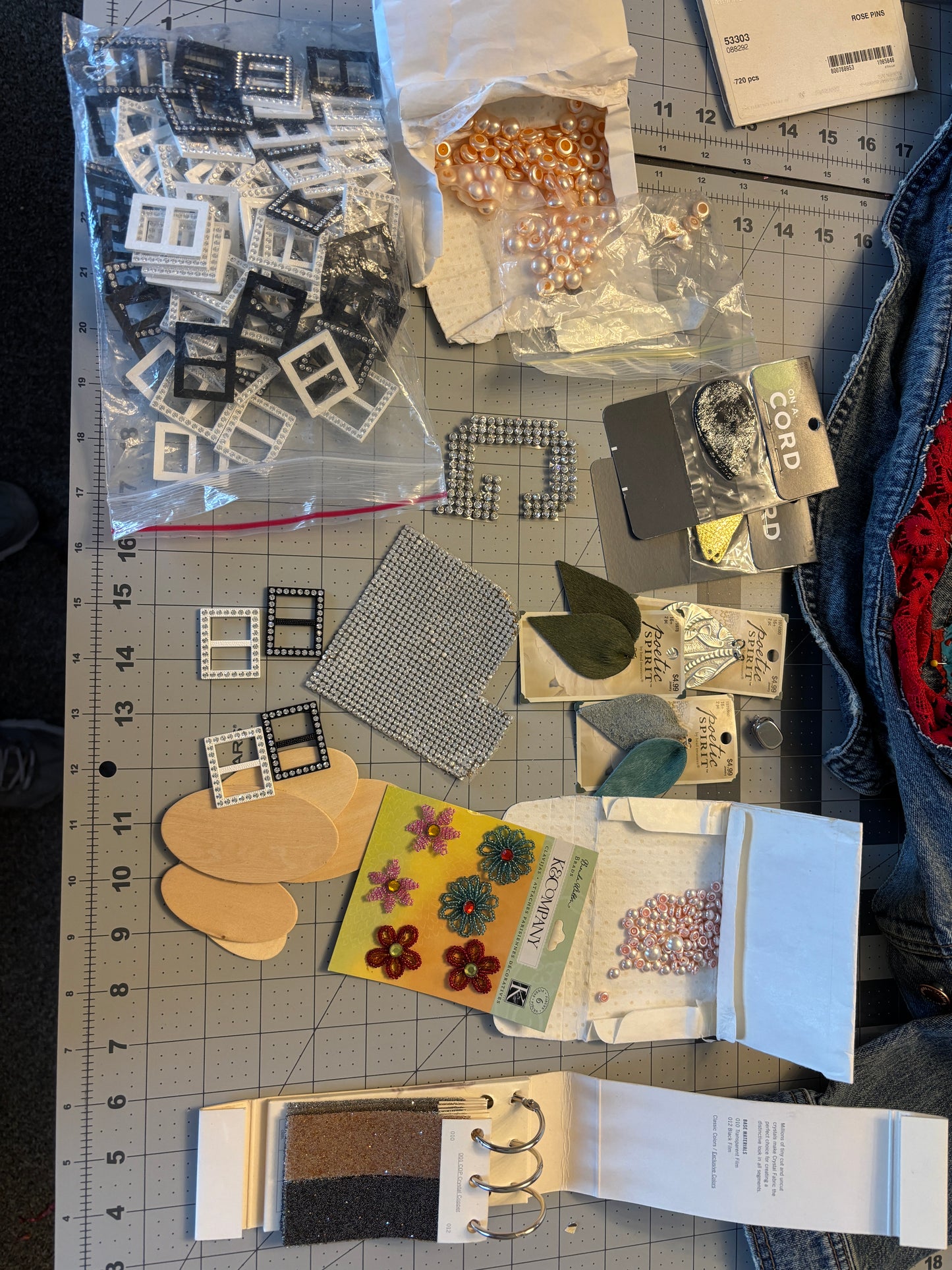Various Craft Supplies, Grab Bag of Flat Back Resin Pearls, Rhinestone Slides, Leather Earring Components, Etc