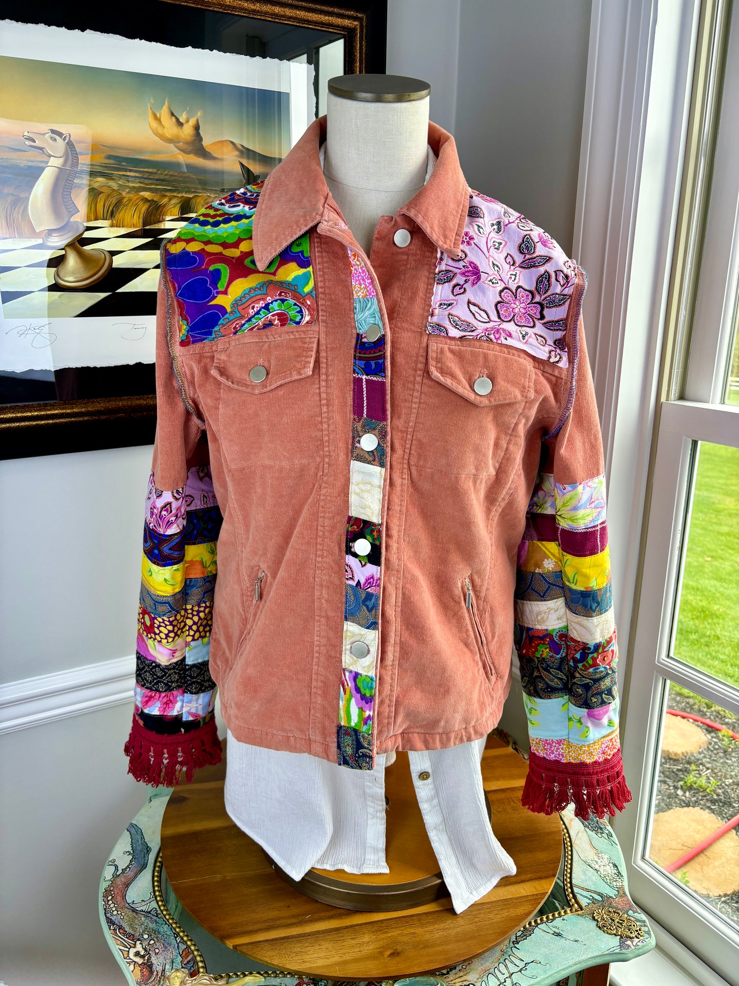 Up-Cycled Bohemian Corduroy Jacket, Talbots Re-Designed, Coral Pink, Patchwork, Size Large