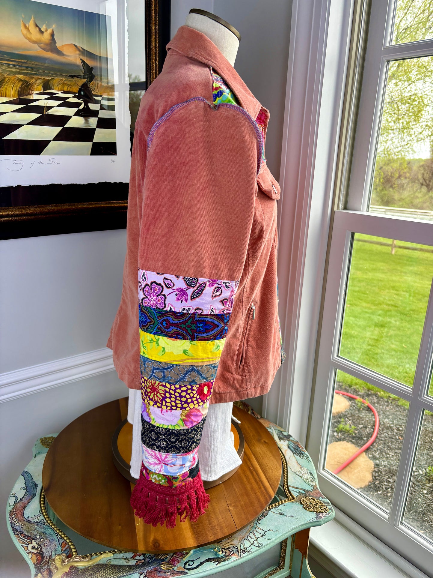 Up-Cycled Bohemian Corduroy Jacket, Talbots Re-Designed, Coral Pink, Patchwork, Size Large