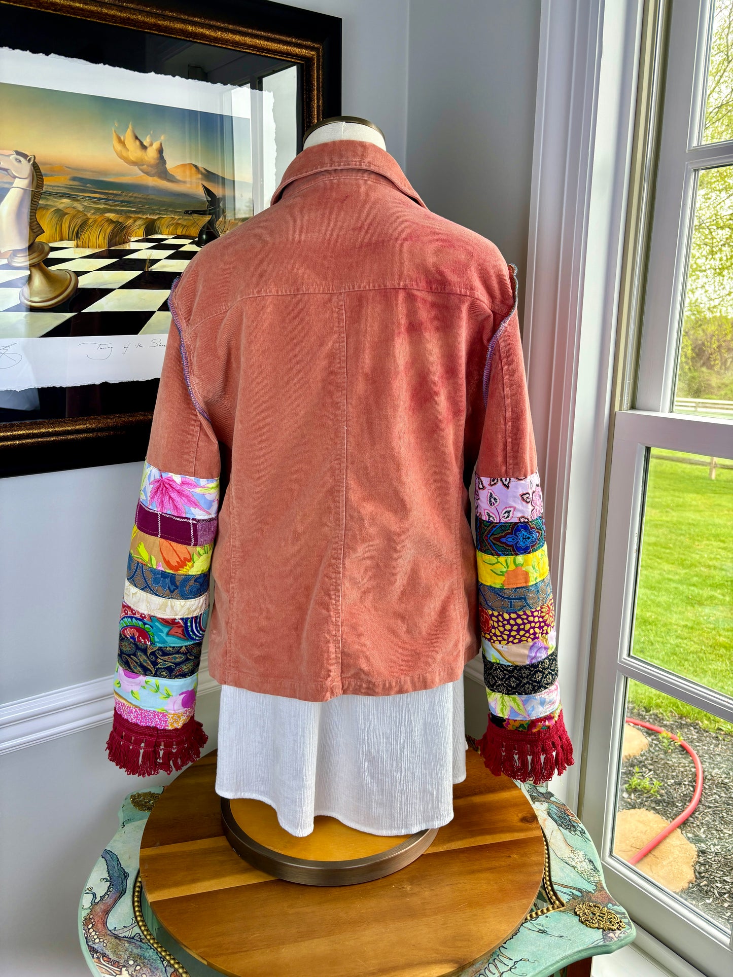 Up-Cycled Bohemian Corduroy Jacket, Talbots Re-Designed, Coral Pink, Patchwork, Size Large