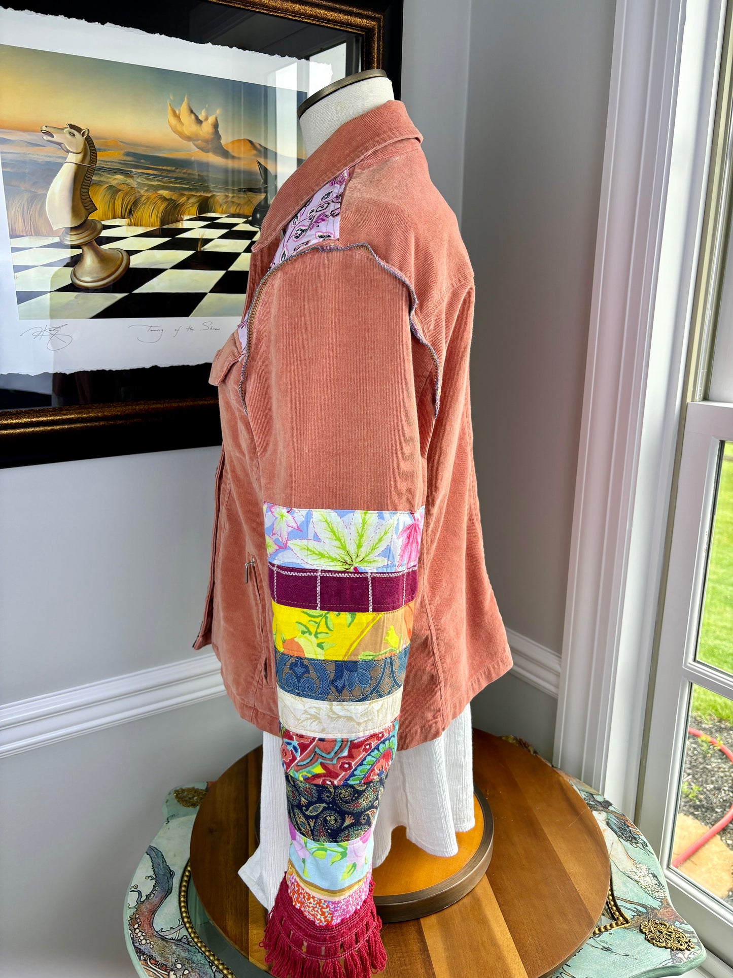 Up-Cycled Bohemian Corduroy Jacket, Talbots Re-Designed, Coral Pink, Patchwork, Size Large