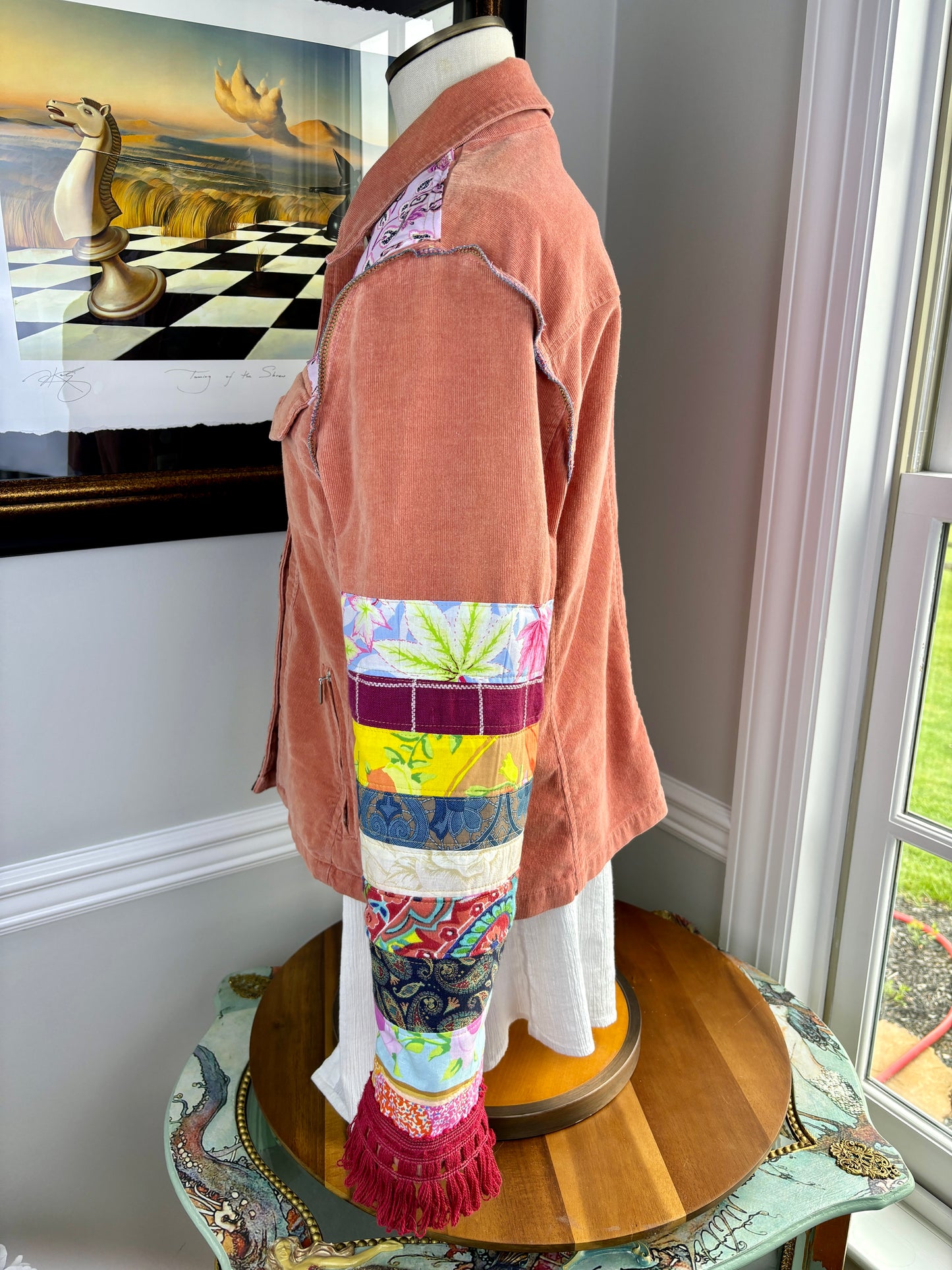 Up-Cycled Bohemian Corduroy Jacket, Talbots Re-Designed, Coral Pink, Patchwork, Size Large