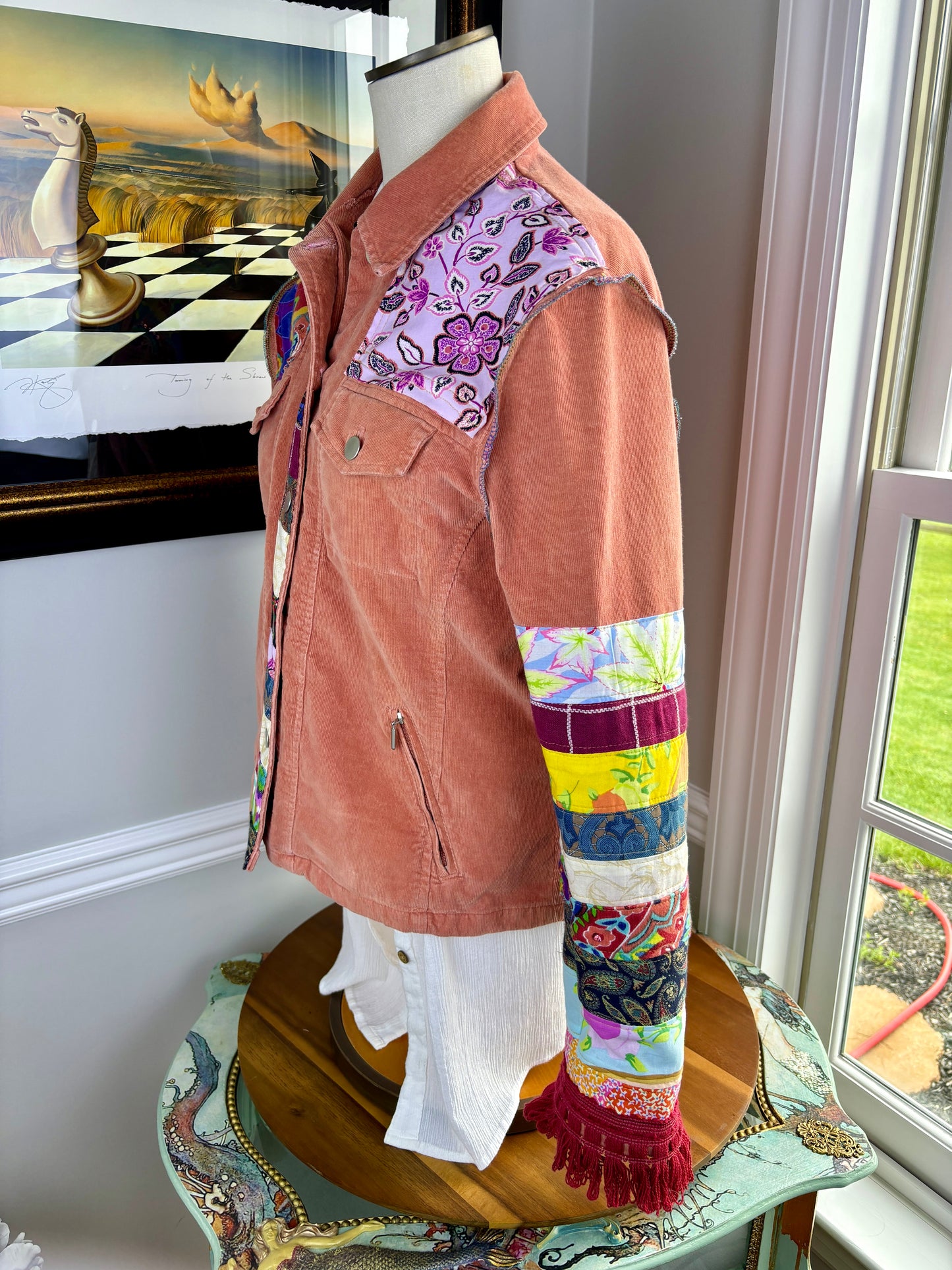 Up-Cycled Bohemian Corduroy Jacket, Talbots Re-Designed, Coral Pink, Patchwork, Size Large