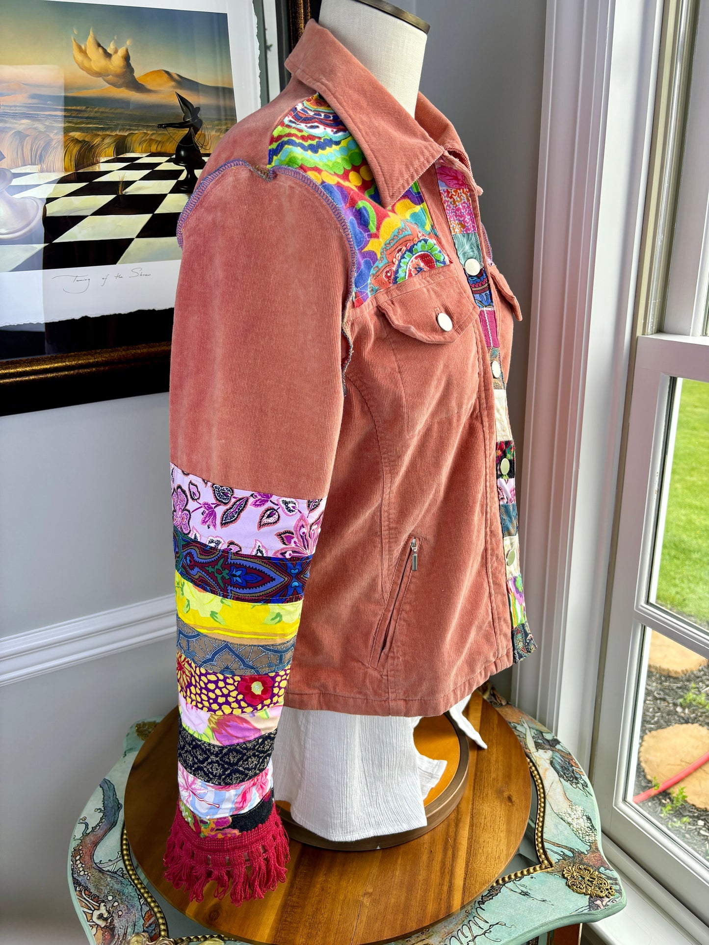 Up-Cycled Bohemian Corduroy Jacket, Talbots Re-Designed, Coral Pink, Patchwork, Size Large