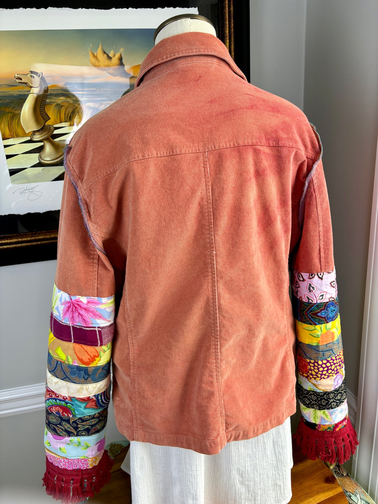 Up-Cycled Bohemian Corduroy Jacket, Talbots Re-Designed, Coral Pink, Patchwork, Size Large