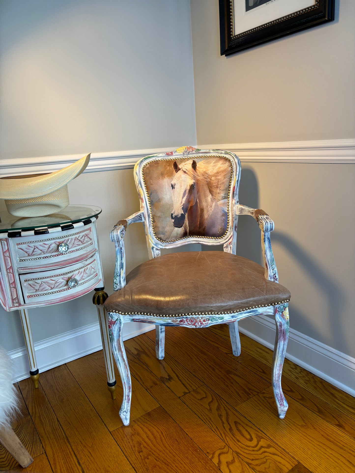 Miss Diamond, a Western Decorative Leather Chair with Horse Art Decoupage Back