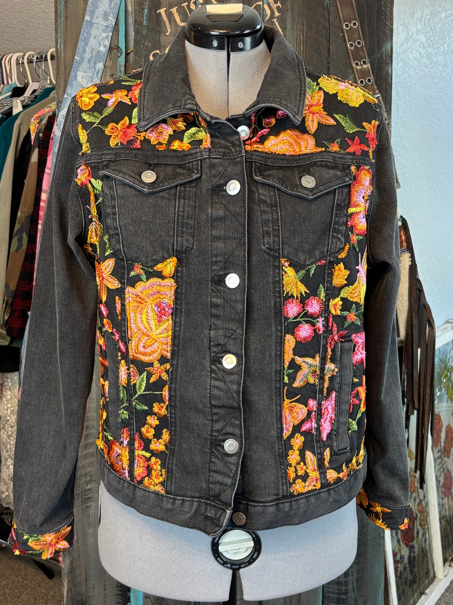 Up-Cycled Denim Jacket, Black with Bright Fall Florals, Embroidered Tulle, Bust 44", Size L/XL