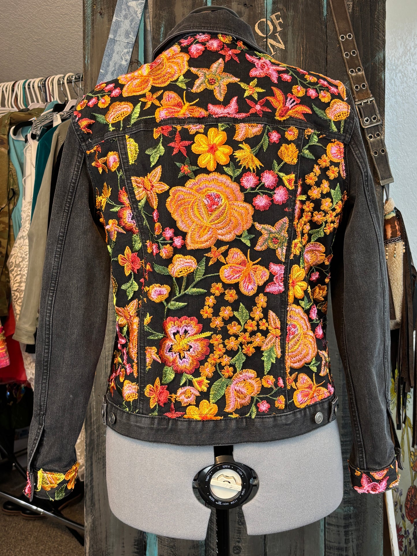 Up-Cycled Denim Jacket, Black with Bright Fall Florals, Embroidered Tulle, Bust 44", Size L/XL