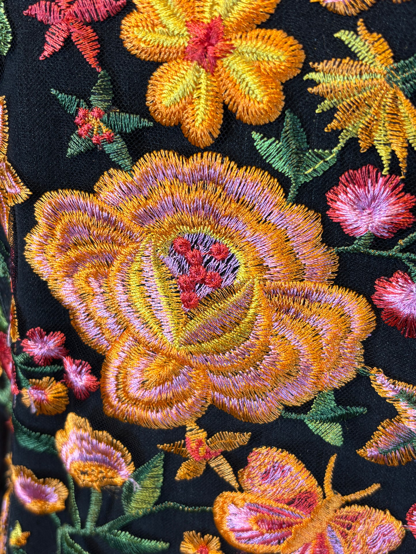 Up-Cycled Denim Jacket, Black with Bright Fall Florals, Embroidered Tulle, Bust 44", Size L/XL