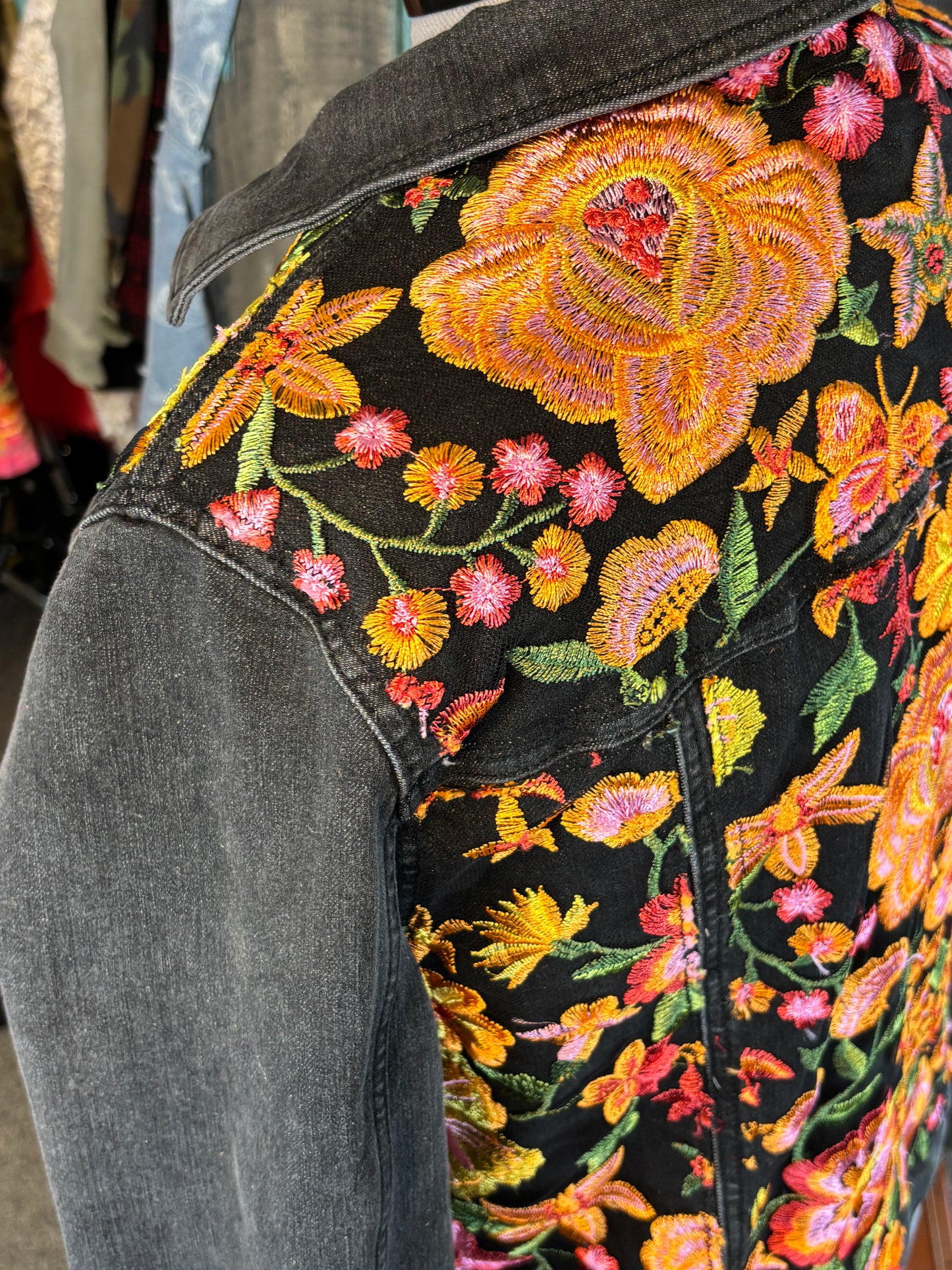 Up-Cycled Denim Jacket, Black with Bright Fall Florals, Embroidered Tulle, Bust 44", Size L/XL