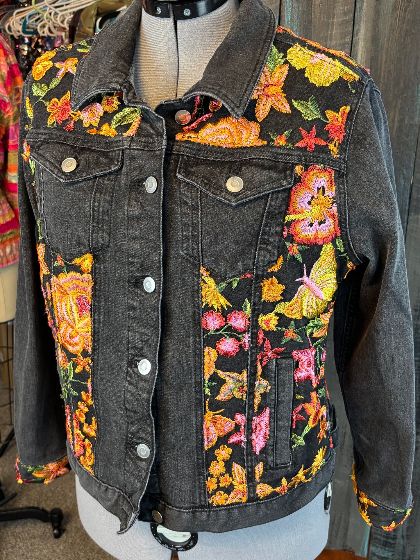 Up-Cycled Denim Jacket, Black with Bright Fall Florals, Embroidered Tulle, Bust 44", Size L/XL