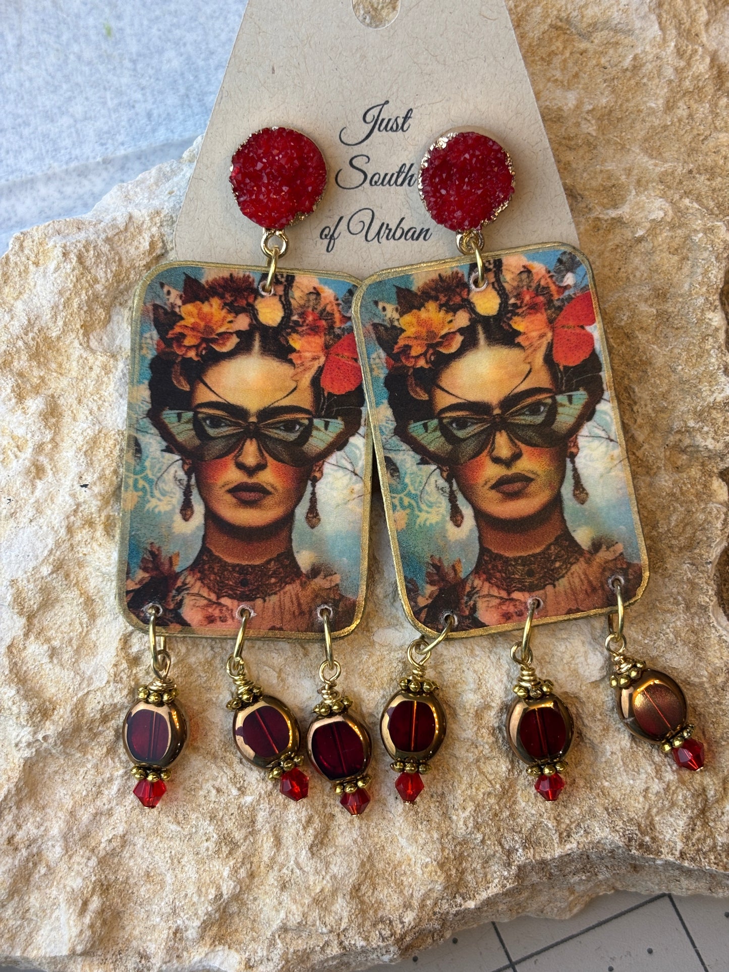 Latino Art Earrings, Mexican Female Portrait with Red Glass Beads and Gold Bead Accents
