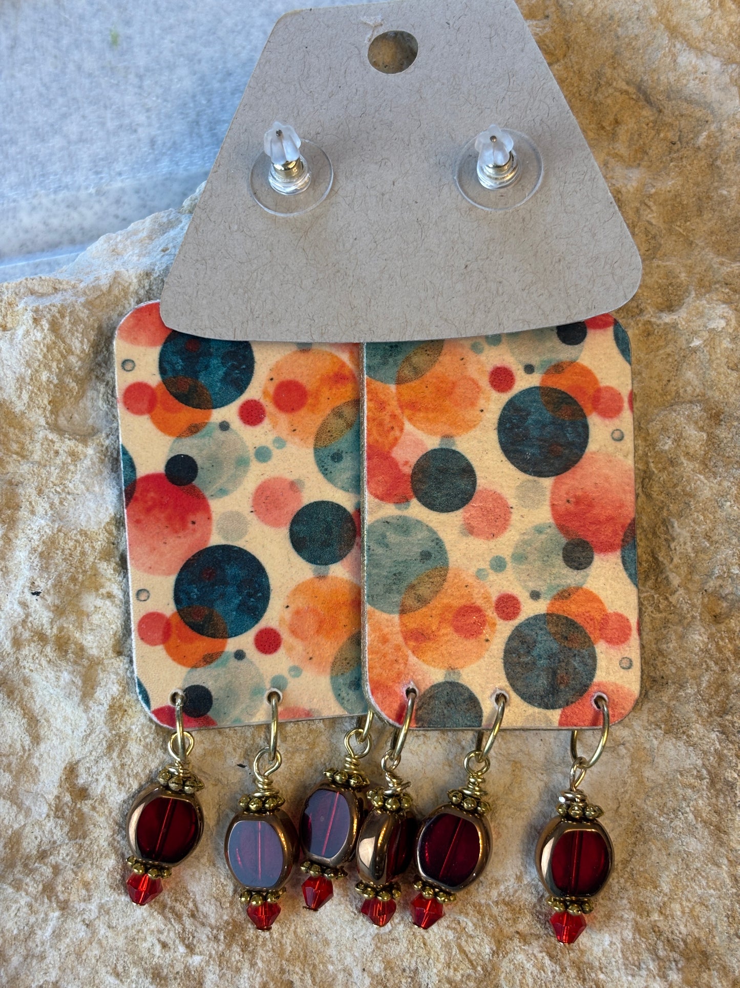 Latino Art Earrings, Mexican Female Portrait with Red Glass Beads and Gold Bead Accents