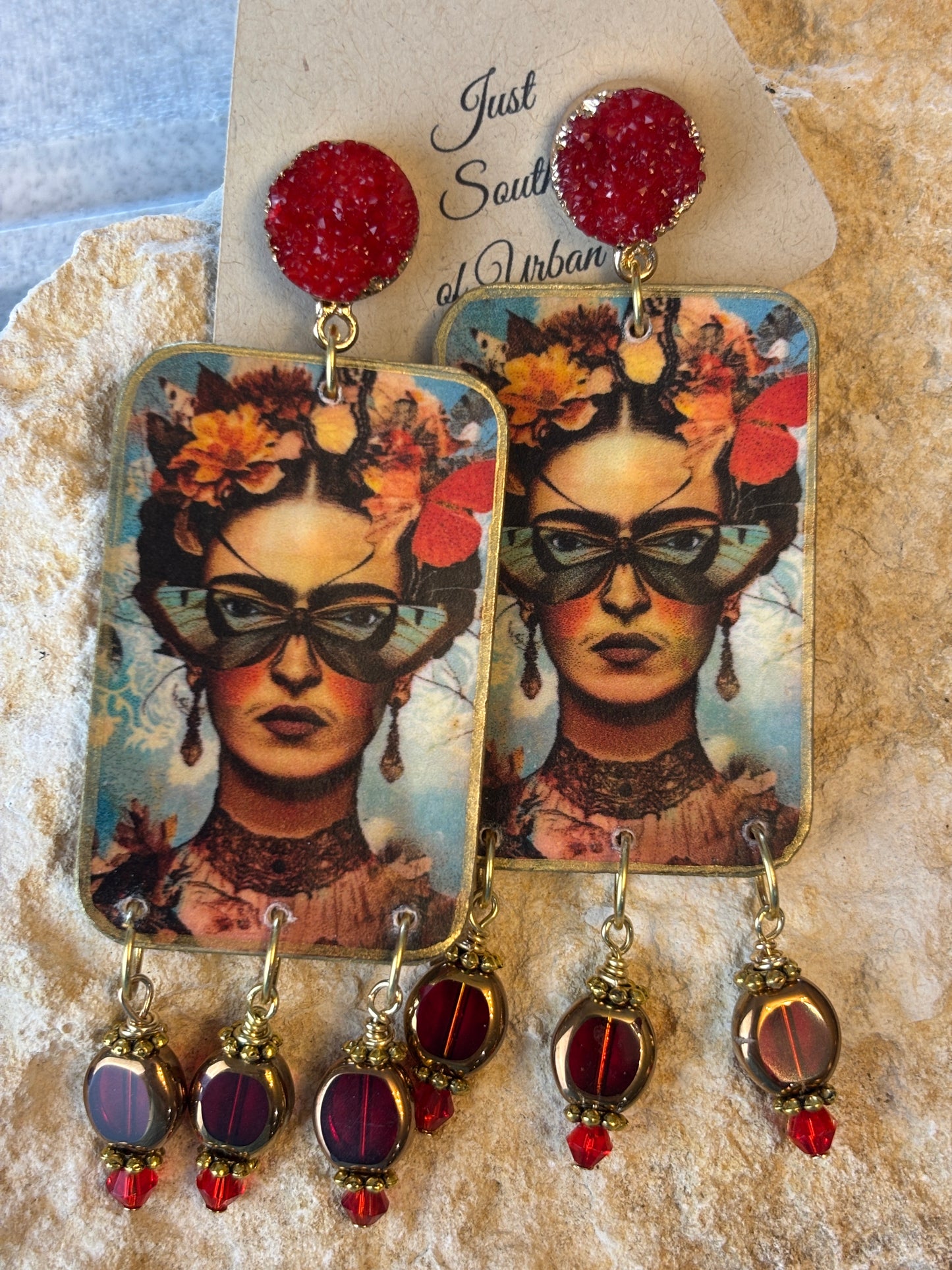 Latino Art Earrings, Mexican Female Portrait with Red Glass Beads and Gold Bead Accents