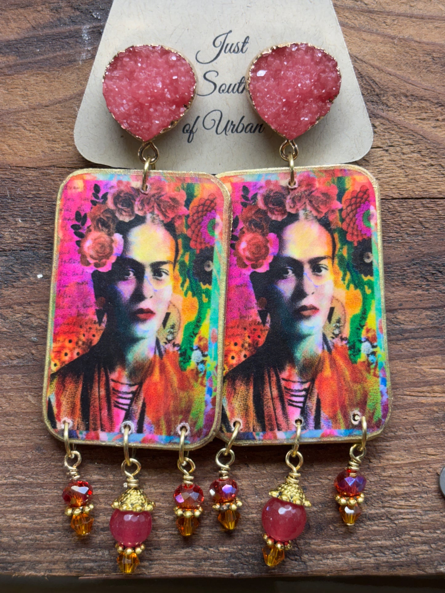 Bright and Colorful Mexican Art Earrings, 3.75" x 1.25", Lightweight Druzy Post