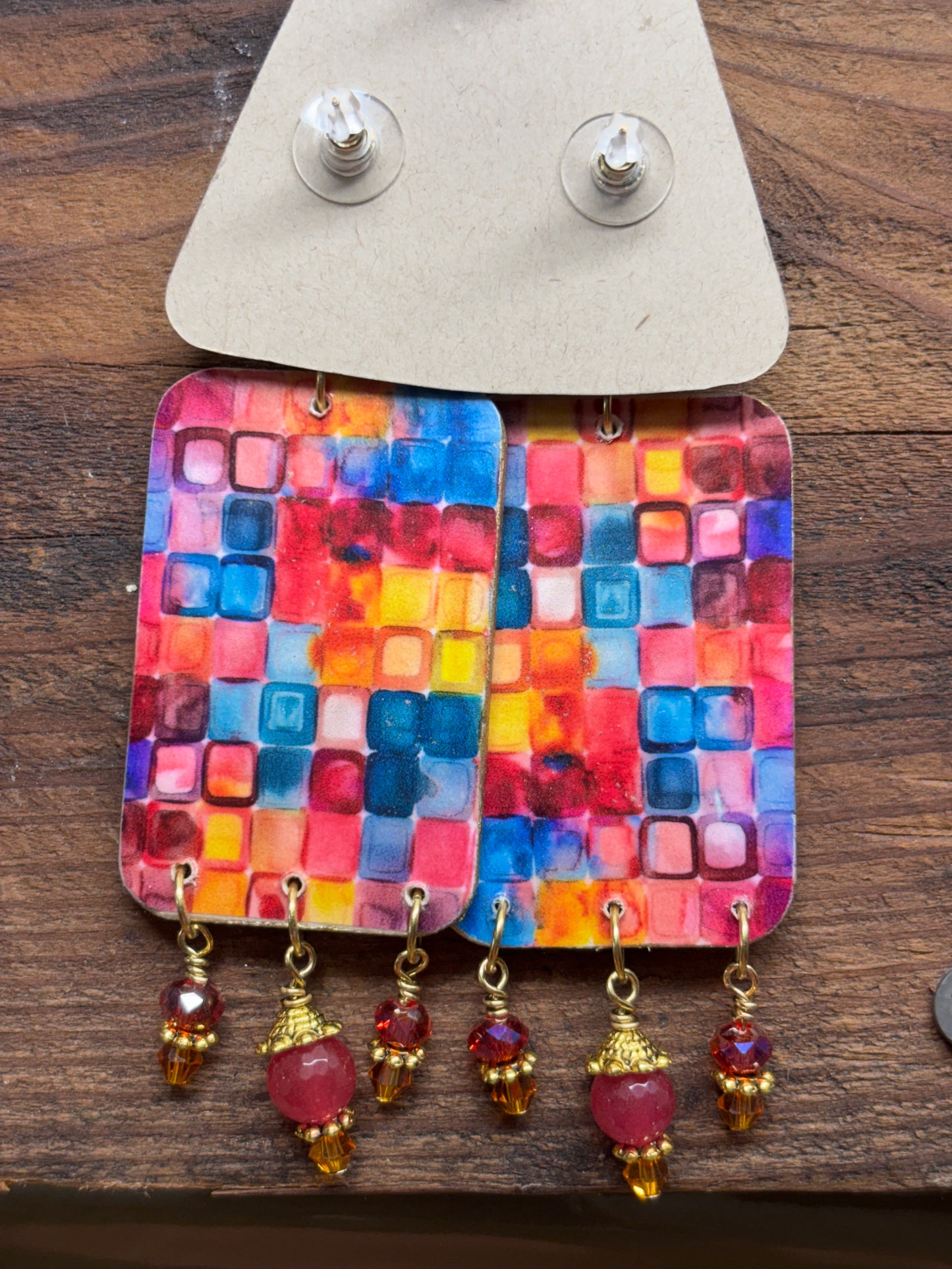 Bright and Colorful Mexican Art Earrings, 3.75" x 1.25", Lightweight Druzy Post