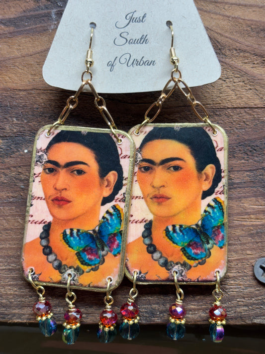 Mexican Art Earrings with Butterflies and Sparkly Faceted Beads, 4" x 1.25" Super Lightweight