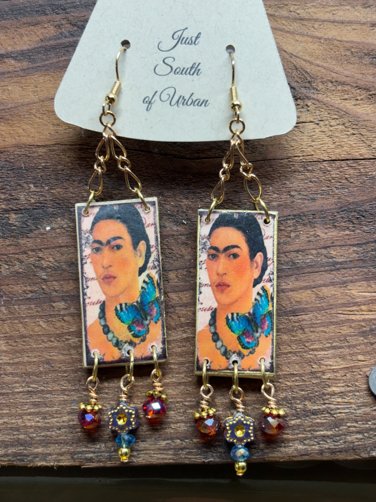 Mexican Art Handmade Earrings, 4" x 3/4", Butterflies, Faceted Crystals, Gold Accents
