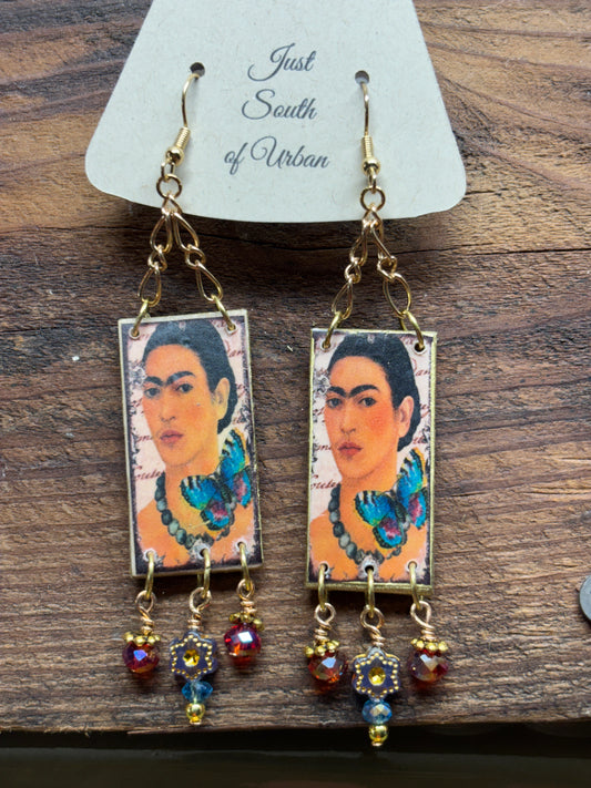 Mexican Art Handmade Earrings, 4" x 3/4", Butterflies, Faceted Crystals, Gold Accents