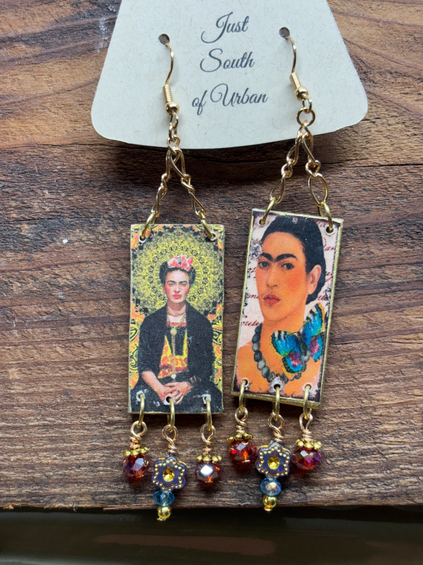 Mexican Art Handmade Earrings, 4" x 3/4", Butterflies, Faceted Crystals, Gold Accents