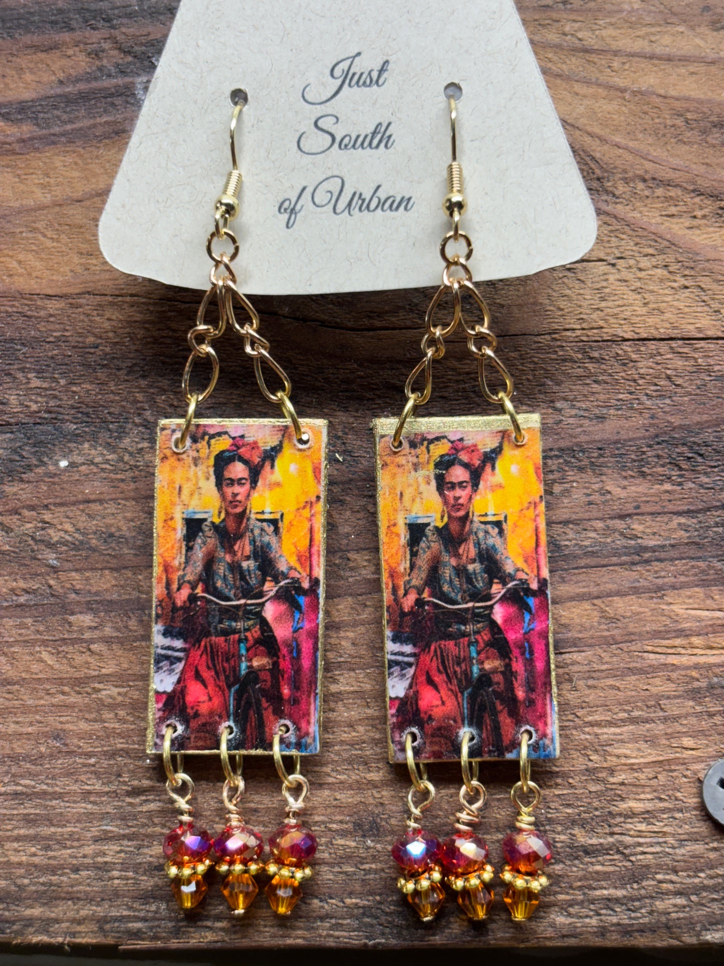 Mexican Inspired Artistic Earrings, Lightweight with Faceted Crystal Bead Dangles, 3.75" x 3/4" wide