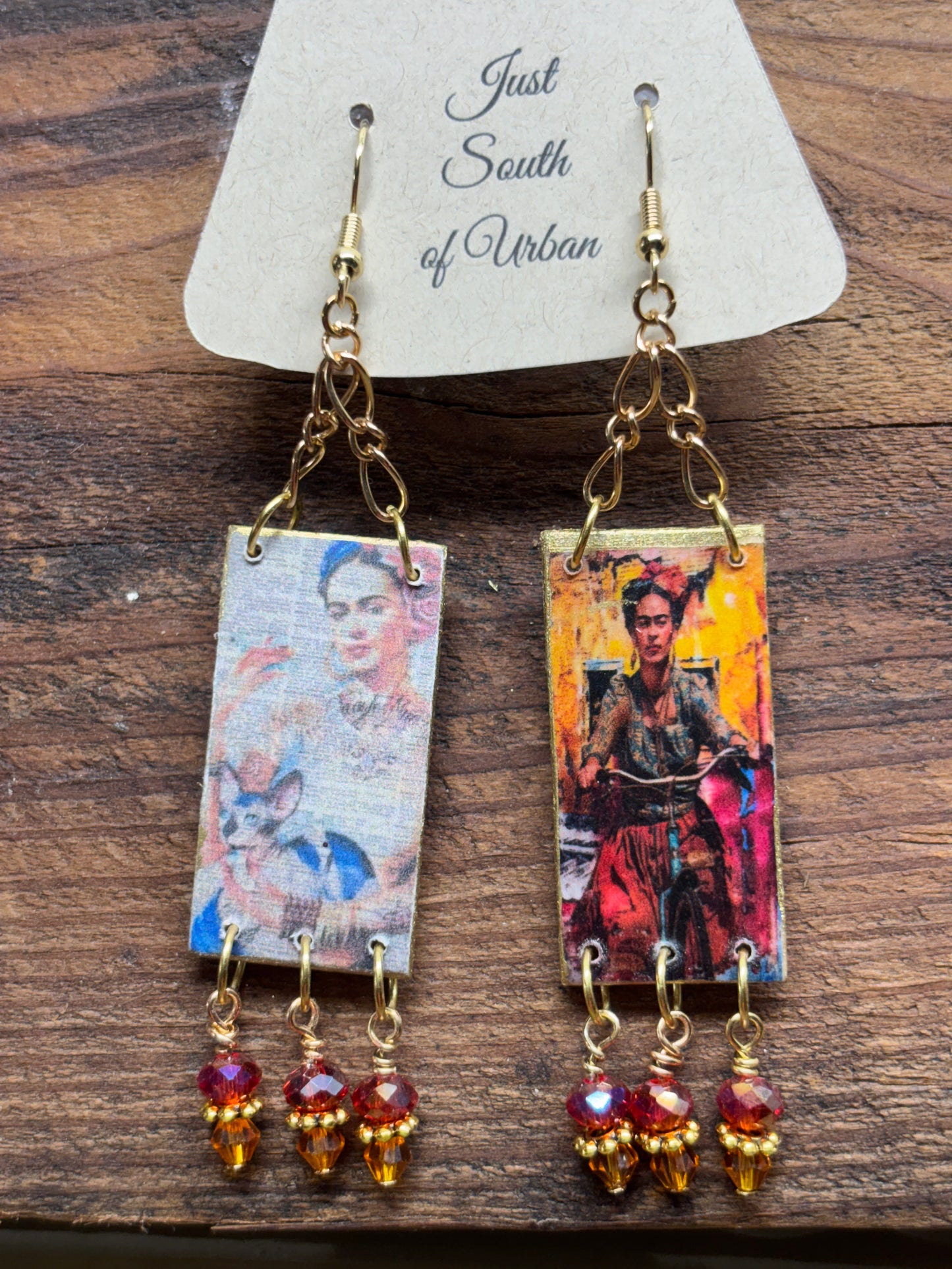 Mexican Inspired Artistic Earrings, Lightweight with Faceted Crystal Bead Dangles, 3.75" x 3/4" wide