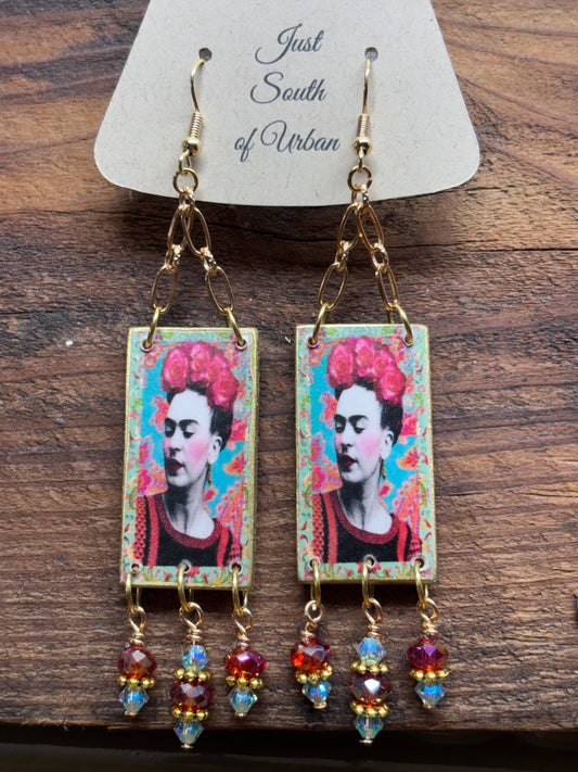 Mexican Inspired Artistic Earrings, 4" x 3/4" wide, Pink, Red, Blue, Roses, Faceted Crystal Dangles