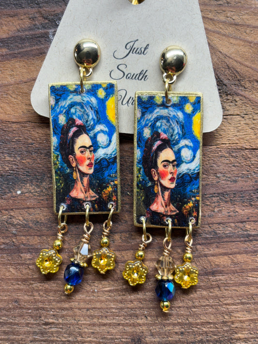 Mexican Art Meets Van GOGO, 3" x 3/4", Blue and Gold Faceted Dangles, Lightweight