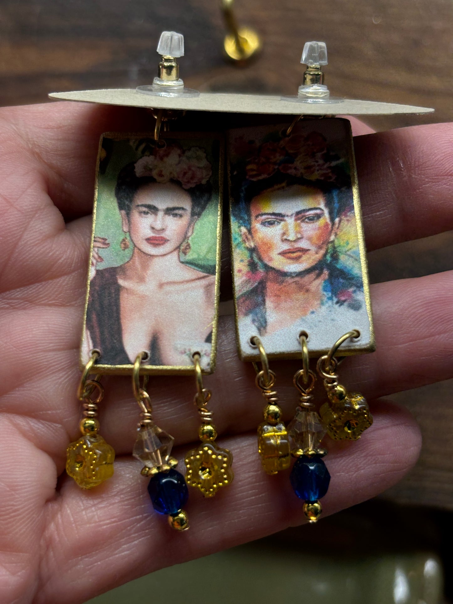 Mexican Art Meets Van GOGO, 3" x 3/4", Blue and Gold Faceted Dangles, Lightweight